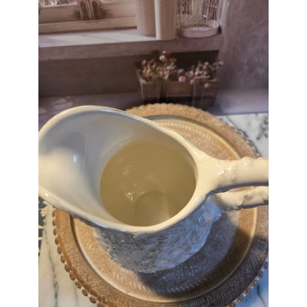 Vintage Italian Style Ceramic Floral‎ Embossed Pitcher Farmhouse Creamer Vase